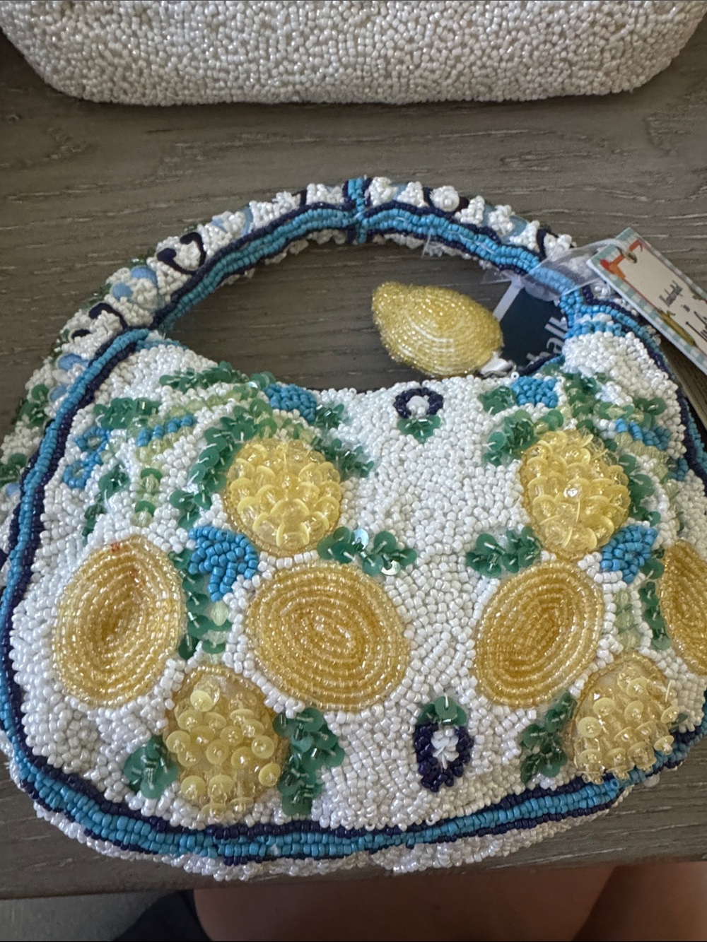 Beaded Lemon Motif Shoulder Bag - White & Yellow